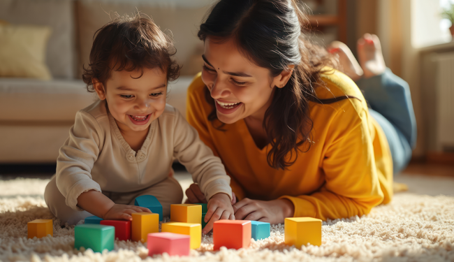 a parent or carer playing blocks with child
